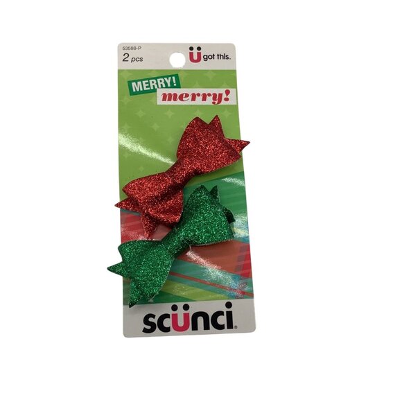 Scunci Christmas Glitter Hair Clips 2pcs Red & Green Holiday Accessories Bow - Picture 1 of 5